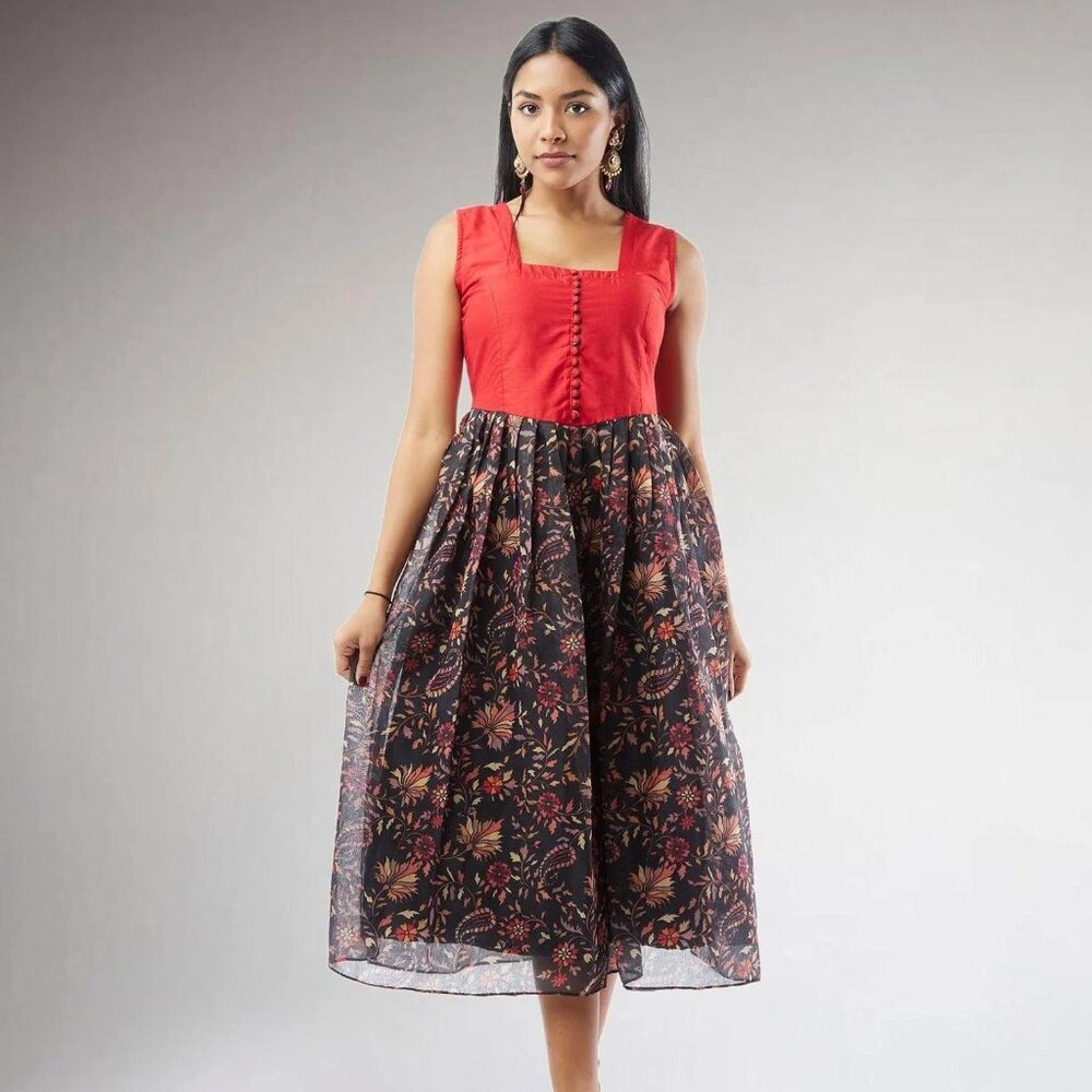 Black and Red Chanderi Printed Dress | Muvvas Boutique
